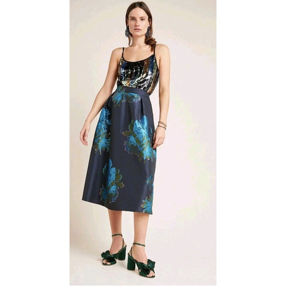 Anthropologie Maeve Ronette Jacquard Midi Skirt A-line Blue Floral Sz 4 Textured